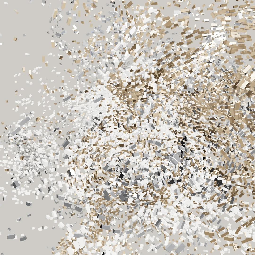 Flow field particles rendered as lit 3D meshes